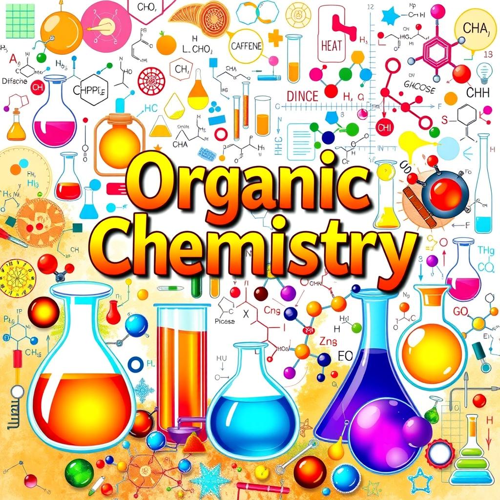 A beautifully designed cover page for organic chemistry, showcasing a vibrant collage of various organic compounds and chemical structures