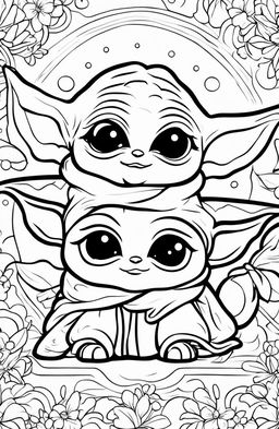 An even cuter Baby Yoda on a coloring page, with his big eyes sparkling and a small, adorable smile on his face.