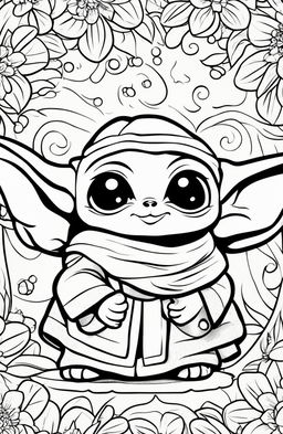 An even cuter Baby Yoda on a coloring page, with his big eyes sparkling and a small, adorable smile on his face.