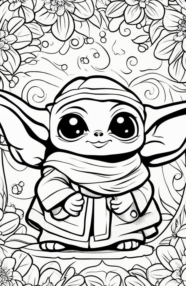 An even cuter Baby Yoda on a coloring page, with his big eyes sparkling and a small, adorable smile on his face.