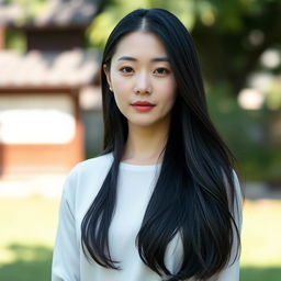 A full-body portrait of a 41-year-old woman with pale skin and long black hair, showcasing her natural beauty with an everyday, unmade-up face