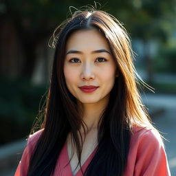 A full-body portrait of a 41-year-old woman with pale skin and long black hair, showcasing her natural beauty with an everyday, unmade-up face