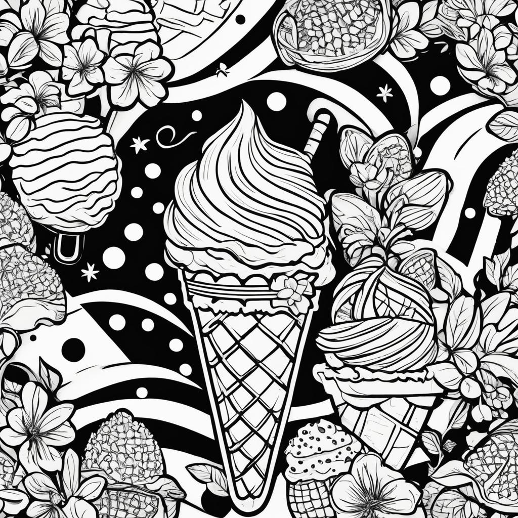 A detailed black and white colouring book page featuring a triple scoop ice cream on a waffle cone, surrounded by sprinkles, a cherry, an ornate spoon, and an abstract background