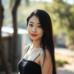 A full-body portrait of a 41-year-old woman with pale skin and long black hair, showcasing her natural beauty with an everyday, unmade-up face
