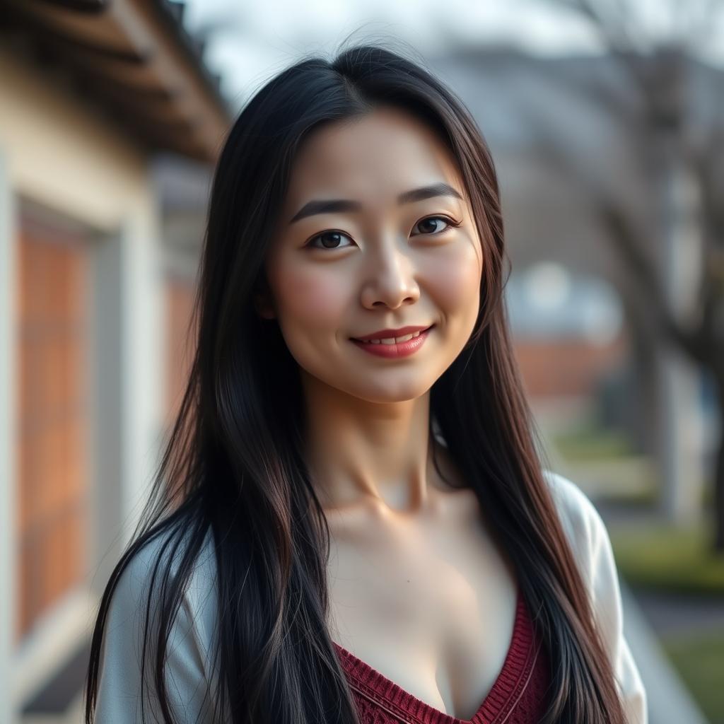 A full-body portrait of a 41-year-old woman with pale skin and long black hair, showcasing her natural beauty with an everyday, unmade-up face