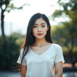 A full-body portrait of a 41-year-old woman with pale skin and long black hair, showcasing her natural beauty with an everyday, unmade-up face