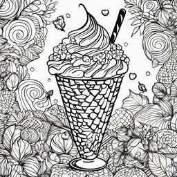 A detailed black and white colouring book page featuring a triple scoop ice cream on a waffle cone, surrounded by sprinkles, a cherry, an ornate spoon, and an abstract background