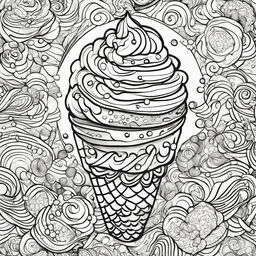 A detailed black and white colouring book page featuring a triple scoop ice cream on a waffle cone, surrounded by sprinkles, a cherry, an ornate spoon, and an abstract background