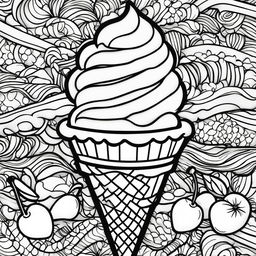 A detailed black and white colouring book page featuring a triple scoop ice cream on a waffle cone, surrounded by sprinkles, a cherry, an ornate spoon, and an abstract background