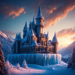 A wide-angle HD cinematic photograph of a magnificent Victorian Gothic castle made entirely of ice on a snowy mountain peak at sunset, reflecting the warm hues of the setting sun