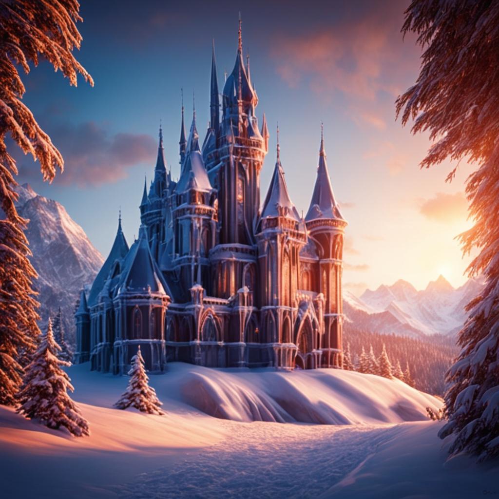 A wide-angle HD cinematic photograph of a magnificent Victorian Gothic castle made entirely of ice on a snowy mountain peak at sunset, reflecting the warm hues of the setting sun