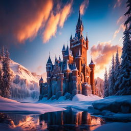 A wide-angle HD cinematic photograph of a magnificent Victorian Gothic castle made entirely of ice on a snowy mountain peak at sunset, reflecting the warm hues of the setting sun