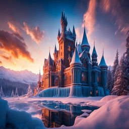 A wide-angle HD cinematic photograph of a magnificent Victorian Gothic castle made entirely of ice on a snowy mountain peak at sunset, reflecting the warm hues of the setting sun