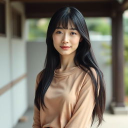 A full-body portrait of a 41-year-old woman with pale skin and long black hair, displaying a natural and unadorned face that captures her everyday beauty