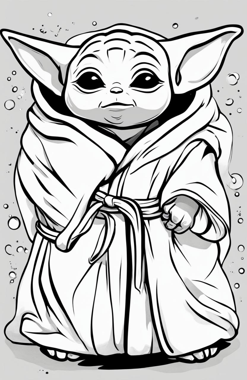 A coloring page featuring an adorable, sleepy Baby Yoda, eyes half-closed and nestled comfortably in his robe.