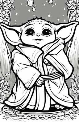 A coloring page featuring an adorable, sleepy Baby Yoda, eyes half-closed and nestled comfortably in his robe.