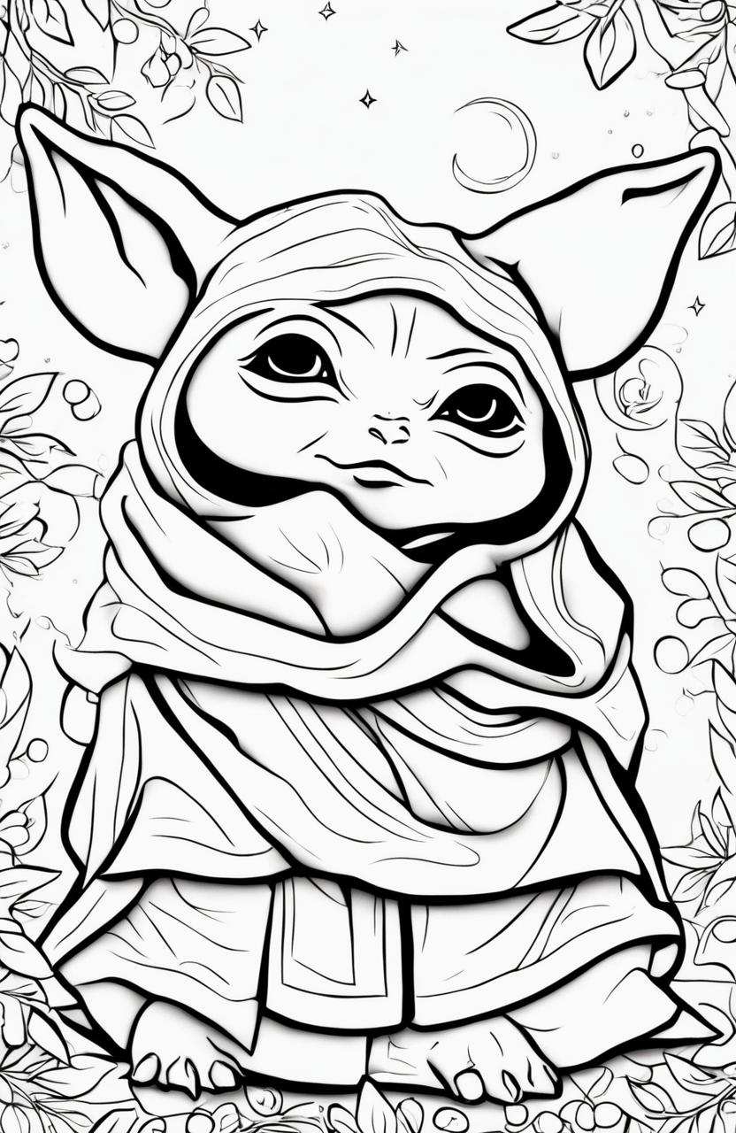 A coloring page featuring an adorable, sleepy Baby Yoda, eyes half-closed and nestled comfortably in his robe.