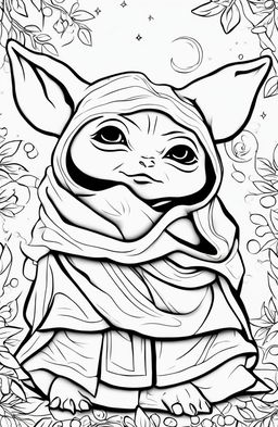 A coloring page featuring an adorable, sleepy Baby Yoda, eyes half-closed and nestled comfortably in his robe.