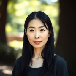 A full-body portrait of a 41-year-old woman with pale skin and long black hair, displaying her natural beauty with an ordinary, makeup-free face