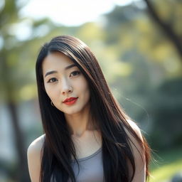 A full-body portrait of a 41-year-old woman with pale skin and long black hair, displaying her natural beauty with an ordinary, makeup-free face