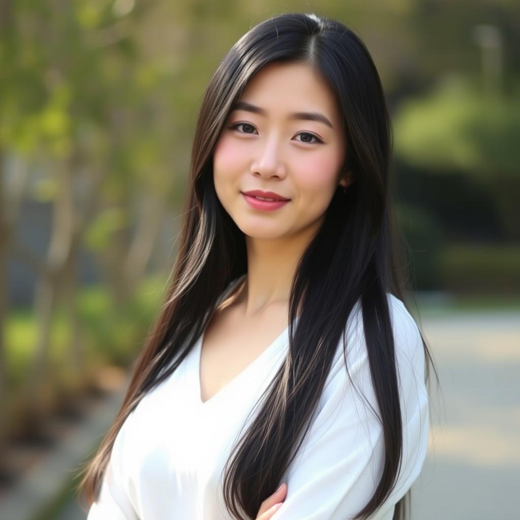 A full-body portrait of a 41-year-old woman with pale skin and long black hair, displaying her natural beauty with an ordinary, makeup-free face