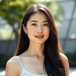 A full-body portrait of a 41-year-old woman with pale skin and long black hair, displaying her natural beauty with an ordinary, makeup-free face