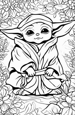 A coloring page featuring an adorable, sleepy Baby Yoda, eyes half-closed and nestled comfortably in his robe.