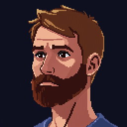 A pixel art depiction of a man with short brown hair and a short brown beard
