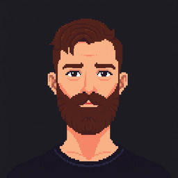 A pixel art depiction of a man with short brown hair and a short brown beard