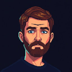 A pixel art depiction of a man with short brown hair and a short brown beard