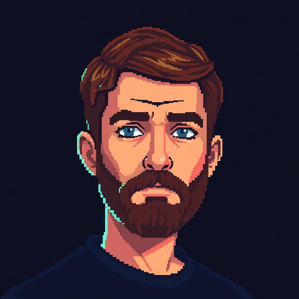 A pixel art depiction of a man with short brown hair and a short brown beard