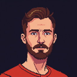 A pixel art depiction of a man with short brown hair and a short brown beard