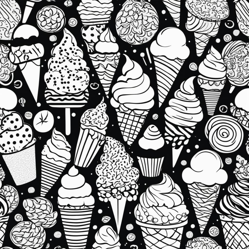 Black and white colouring book page featuring a variety of intricately designed ice creams and a sprinkle-filled background.