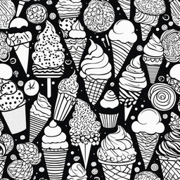 Black and white colouring book page featuring a variety of intricately designed ice creams and a sprinkle-filled background.