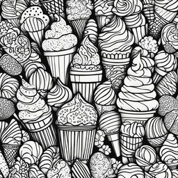 Black and white colouring book page featuring a variety of intricately designed ice creams and a sprinkle-filled background.