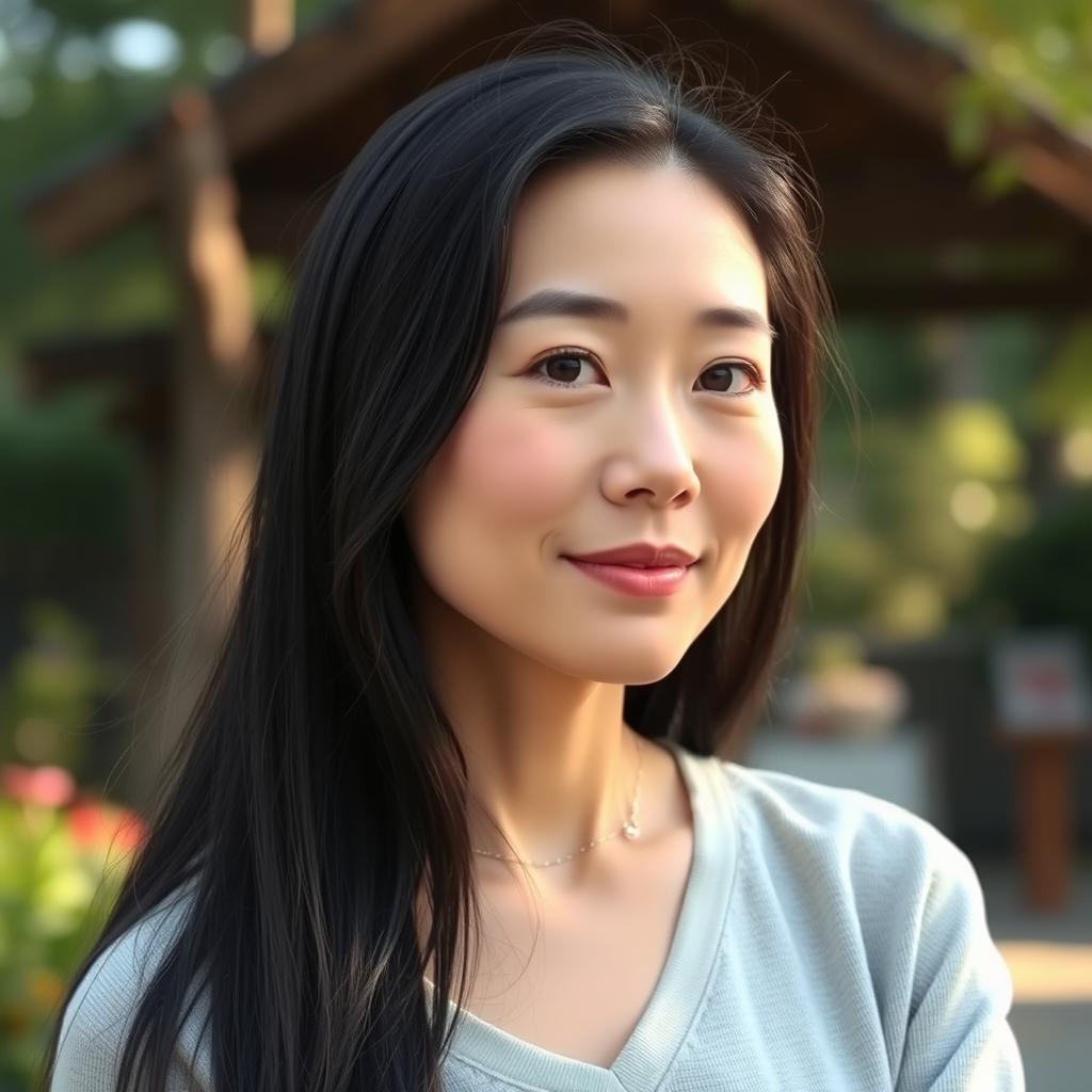 A full-body portrait of a 40-year-old woman with pale skin and long black hair, presenting her natural beauty with an ordinary, makeup-free face