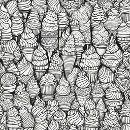 Black and white colouring book page featuring a variety of intricately designed ice creams and a sprinkle-filled background.