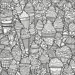 Black and white colouring book page featuring a variety of intricately designed ice creams and a sprinkle-filled background.