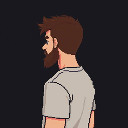 A pixel art depiction of a man with short brown hair and a short brown beard, shown from the waist up
