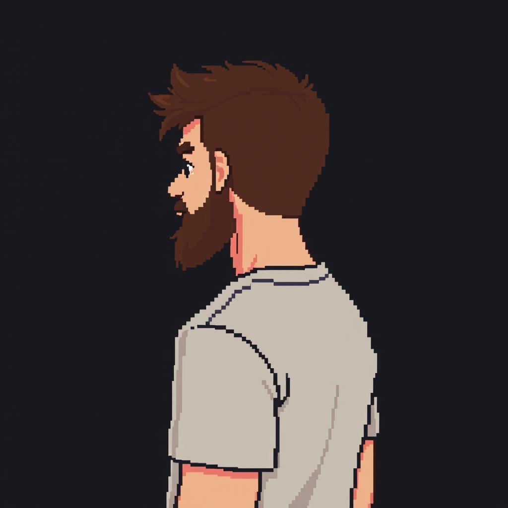 A pixel art depiction of a man with short brown hair and a short brown beard, shown from the waist up