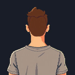 A pixel art depiction of a man with short brown hair and a short brown beard, shown from the waist up