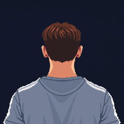 A pixel art depiction of a man with short brown hair and a short brown beard, shown from the waist up