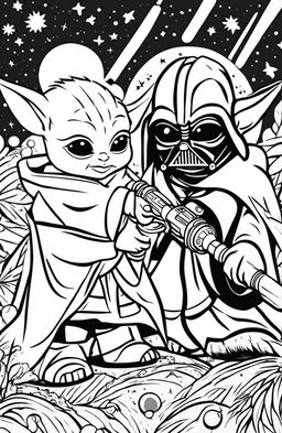 A coloring page featuring Baby Yoda and Baby Darth Vader in a playful lightsaber duel, surrounded by stars and planets.