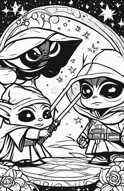 A coloring page featuring Baby Yoda and Baby Darth Vader in a playful lightsaber duel, surrounded by stars and planets.