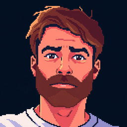 A pixel art depiction of a man with short brown hair and a short brown beard, shown from the waist up