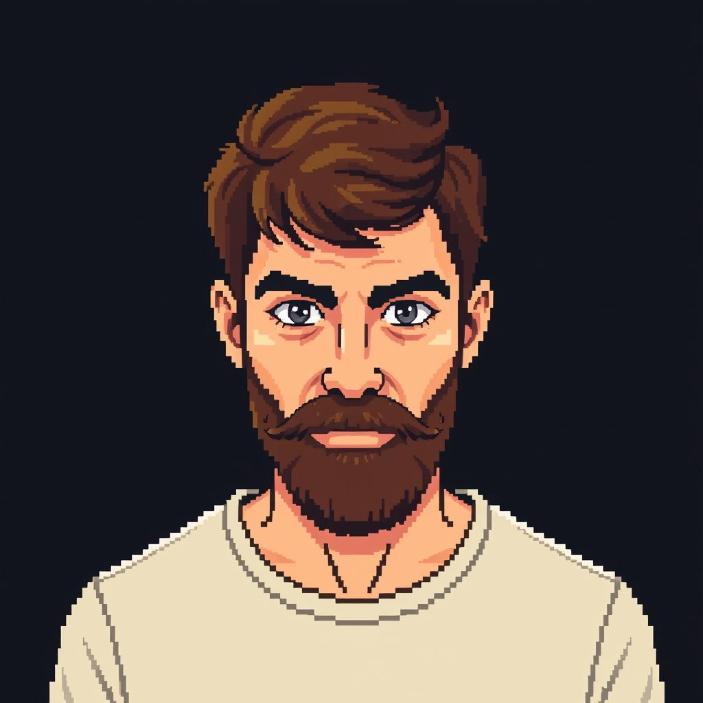 A pixel art depiction of a man with short brown hair and a short brown beard, shown from the waist up