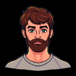 A pixel art depiction of a man with short brown hair and a short brown beard, shown from the waist up