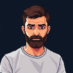 A pixel art depiction of a man with short brown hair and a short brown beard, shown from the waist up