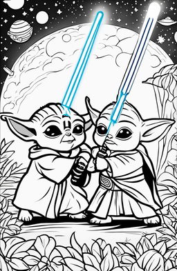 A coloring page featuring Baby Yoda and Baby Darth Vader in a playful lightsaber duel, surrounded by stars and planets.