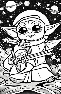 A coloring page featuring Baby Yoda and Baby Darth Vader in a playful lightsaber duel, surrounded by stars and planets.